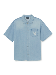 Basic Small Logo Summer Tencel Short Sleeve Denim Shirt
