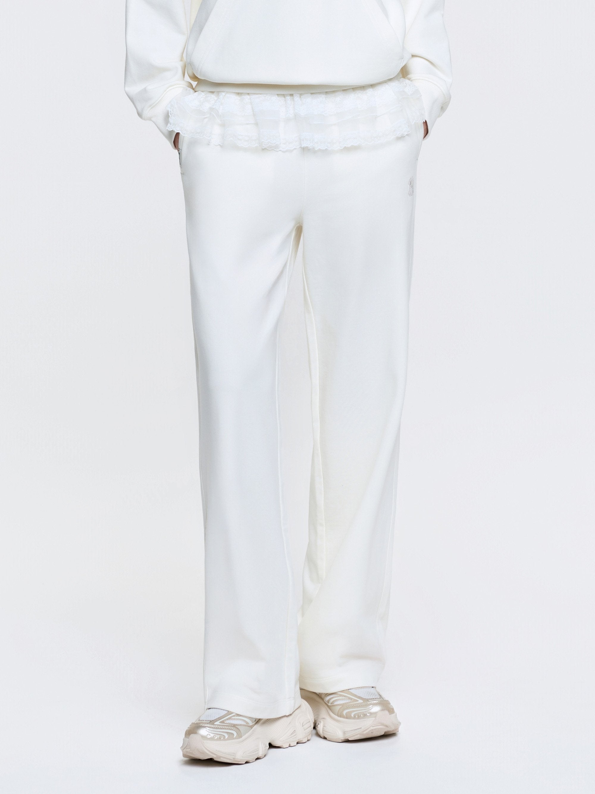 Women's Basic Lace Ruffle Semi Wide Pants