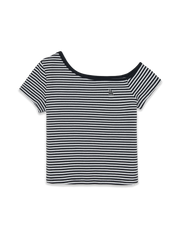 Women's Varsity Stripe Off Shoulder Slim Semi Crop T-Shirts