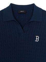 Women's Varsity Cable Open Collar Short Sleeve Knit Pullover