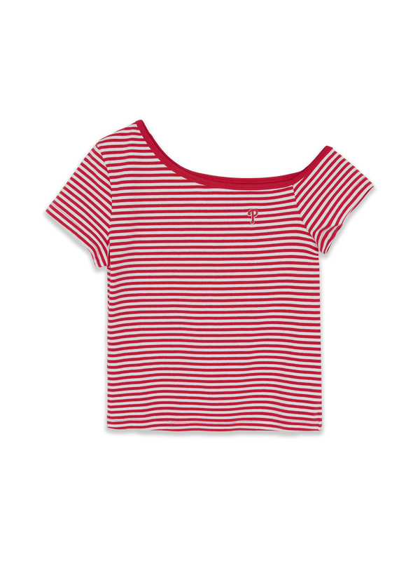 Women's Varsity Stripe Off Shoulder Slim Semi Crop T-Shirts