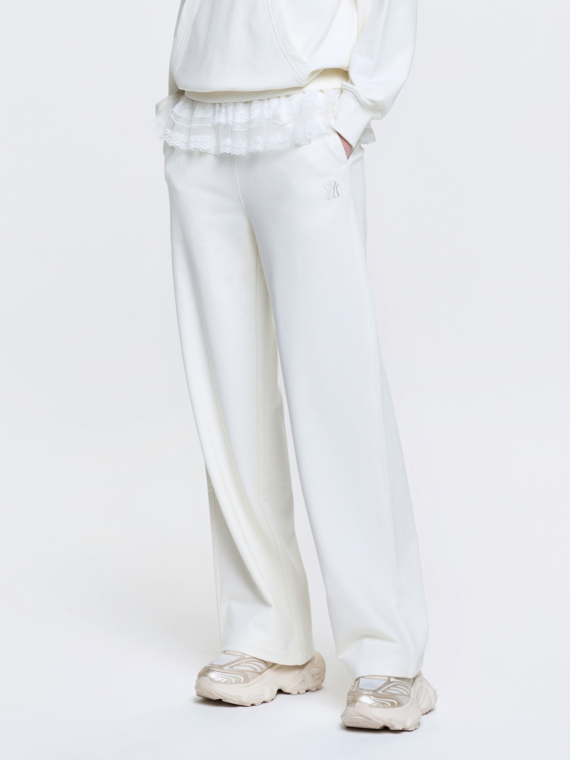 Women's Basic Lace Ruffle Semi Wide Pants