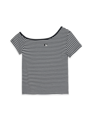 Women's Varsity Stripe Off Shoulder Slim Semi Crop T-Shirts