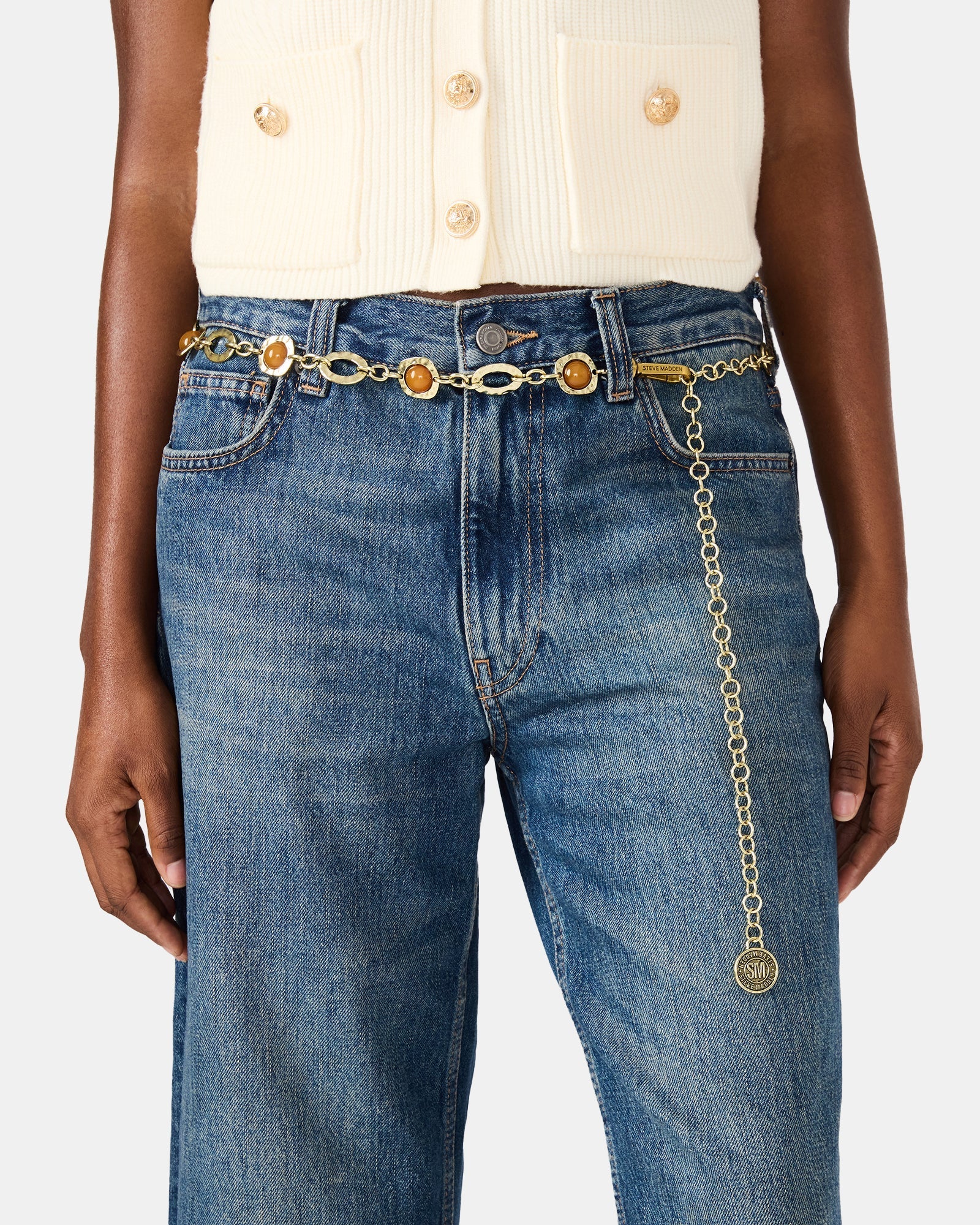 COLORED STONE CHAIN BELT GOLD